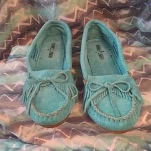 Minnetonka moccasins light blue with fringe